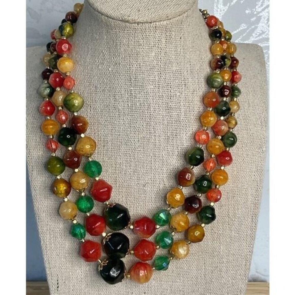Vintage Hong Kong Signed Multicolor Lucite Beaded Triple Strand Necklace